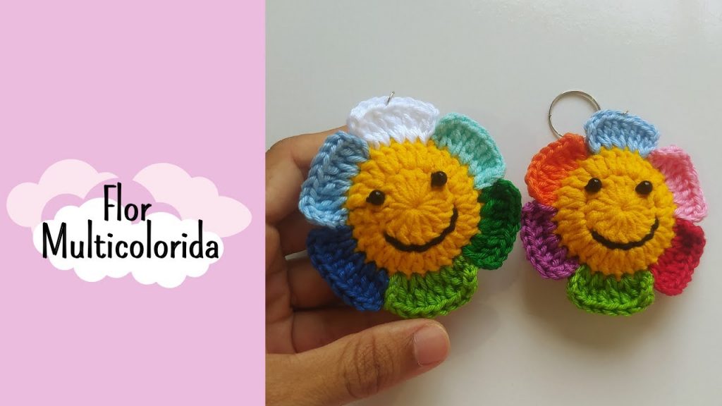 Como fazer chaveiro em crochê – Flor Multicolorida